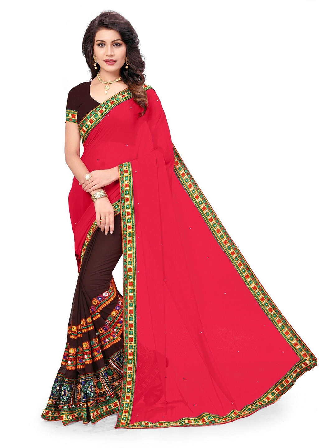 

KALINI Embroidered Pure Georgette Half and Half Saree, Pink