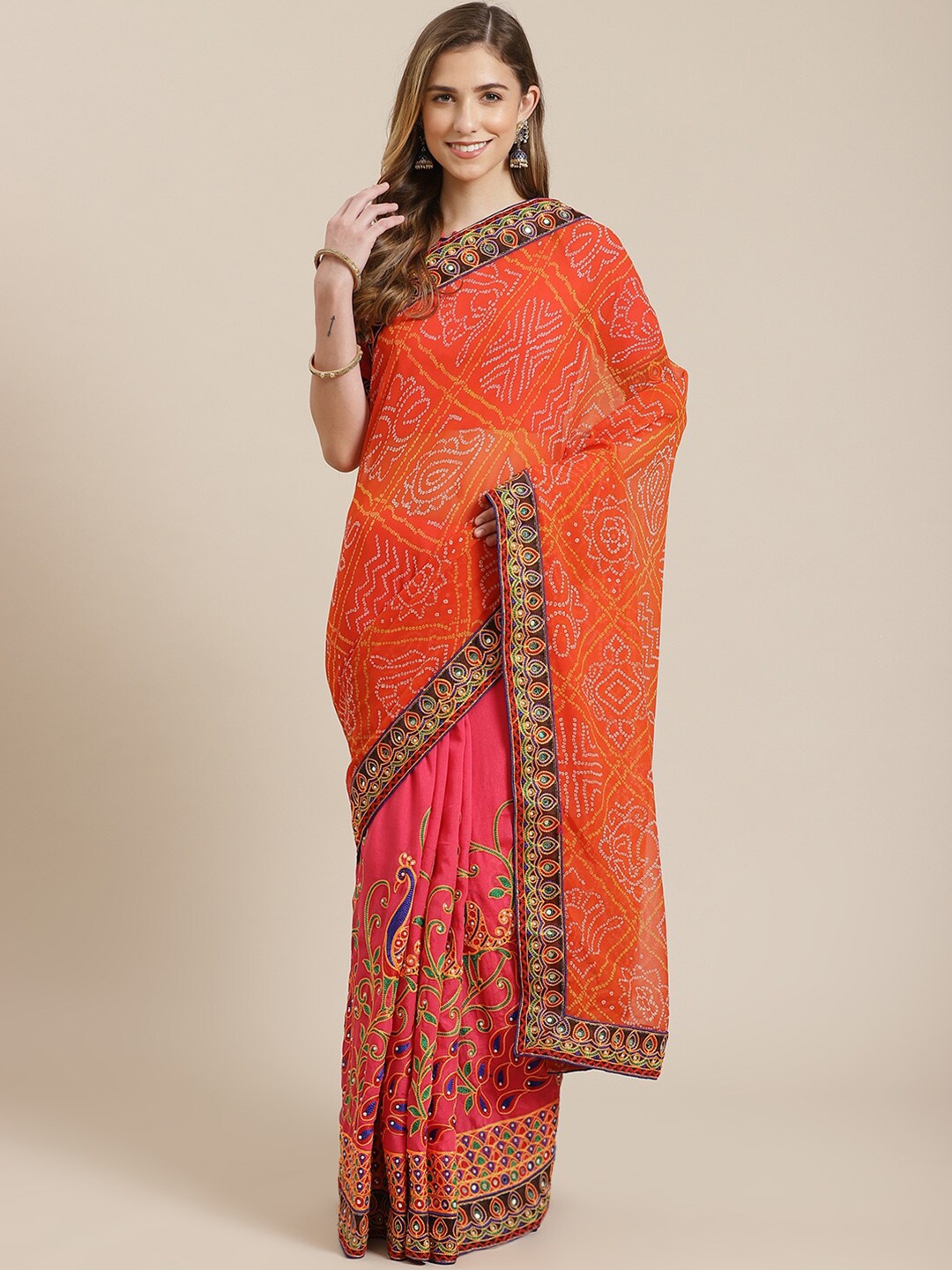 

KALINI Bandhani Printed Embroidered Saree, Orange