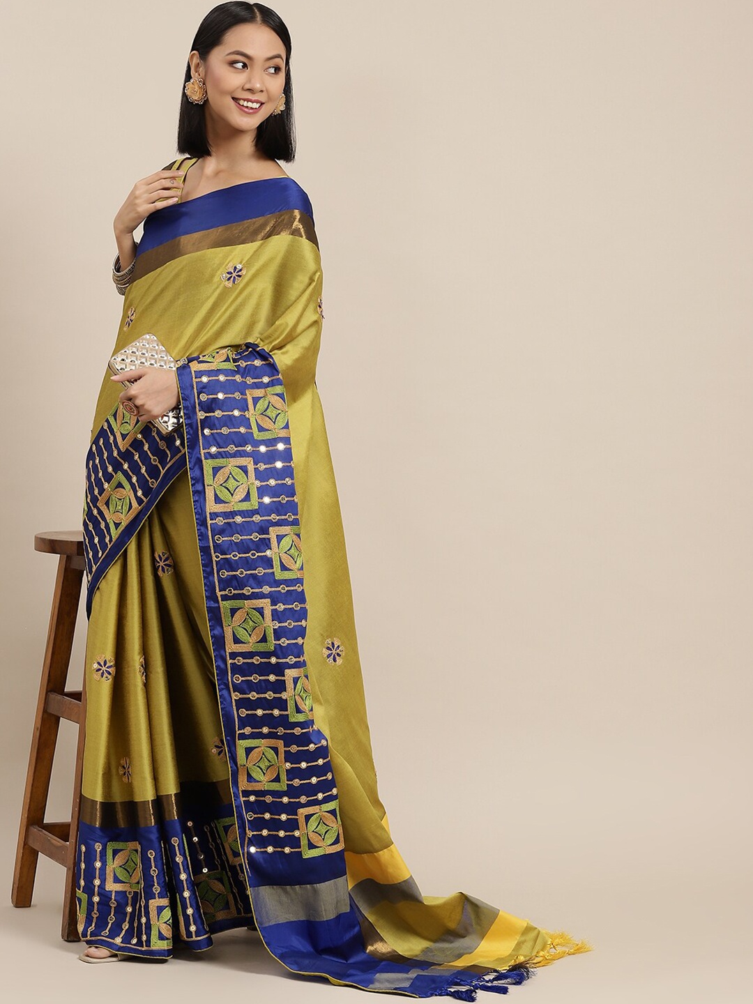 

KALINI Ethnic Embroidered Sequinned Silk Cotton Saree, Yellow