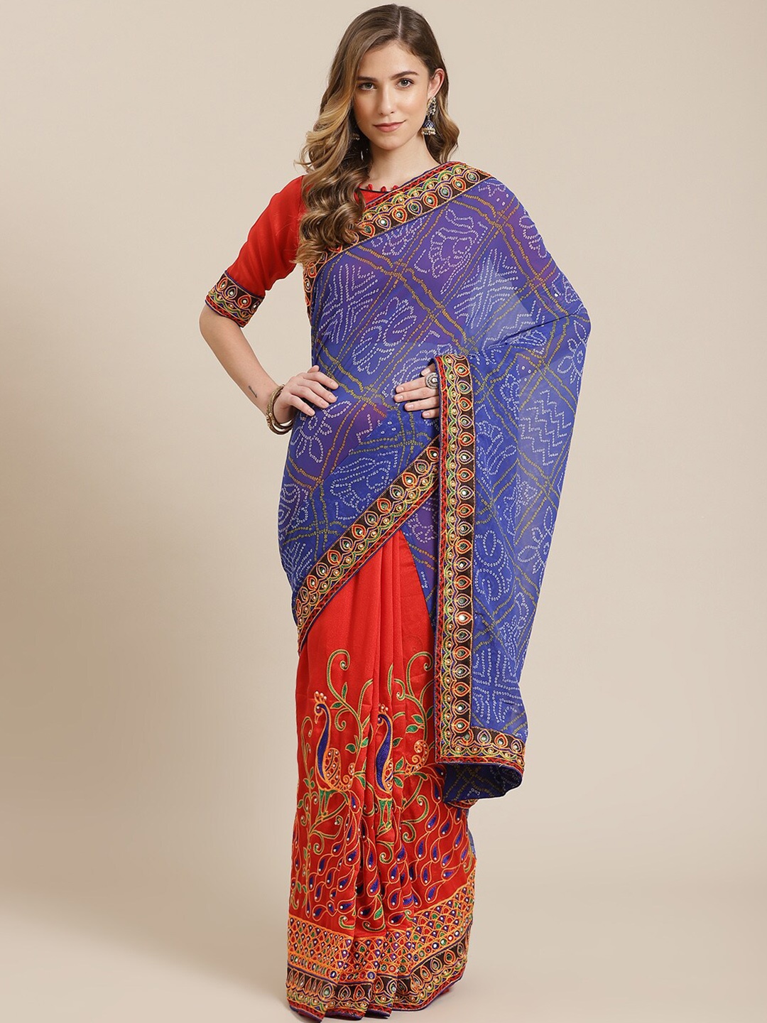

KALINI Bandhani Printed Embroidered Saree, Blue