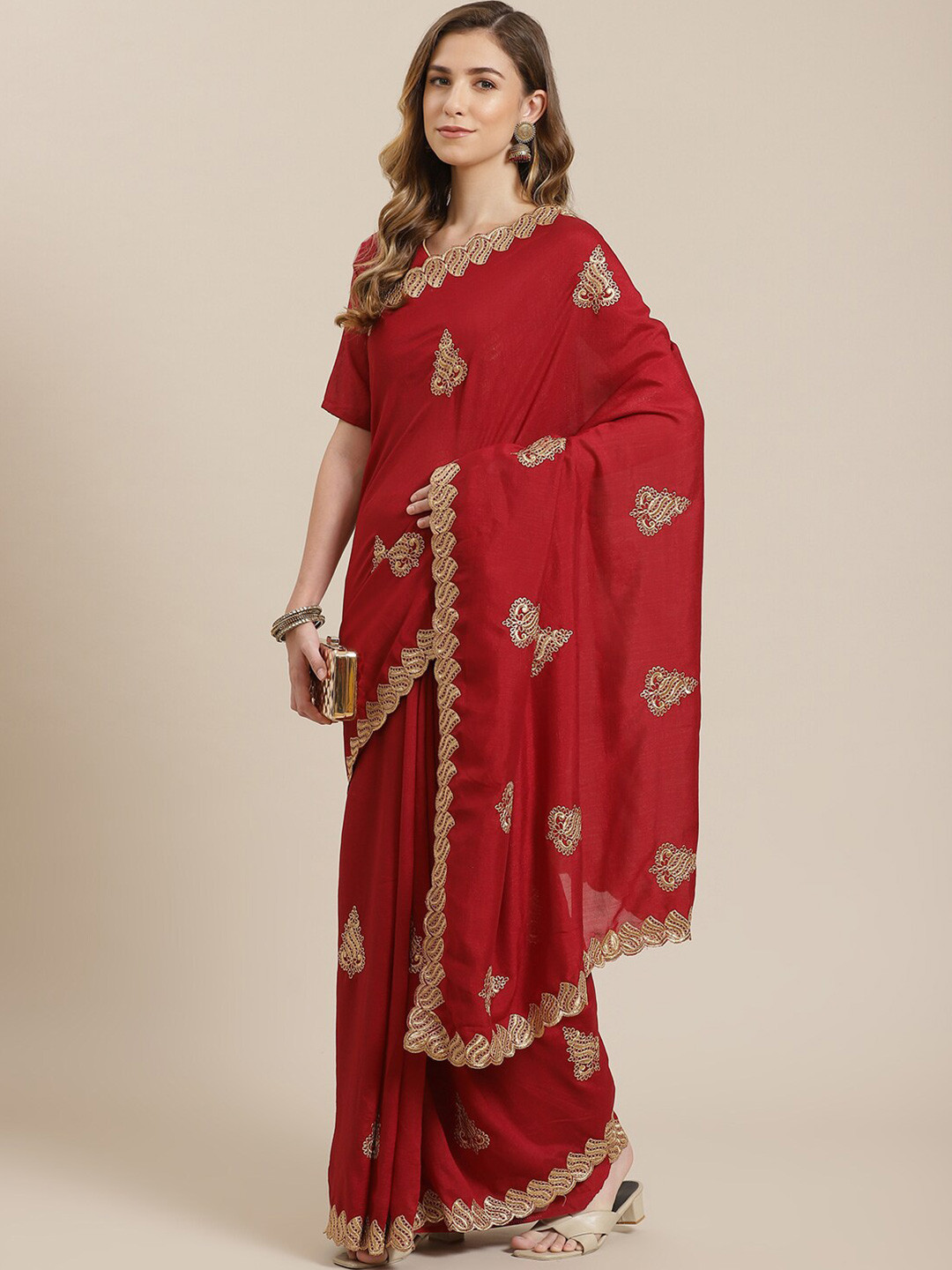 

KALINI Ethnic Motifs Embroidered Zari Saree, Maroon