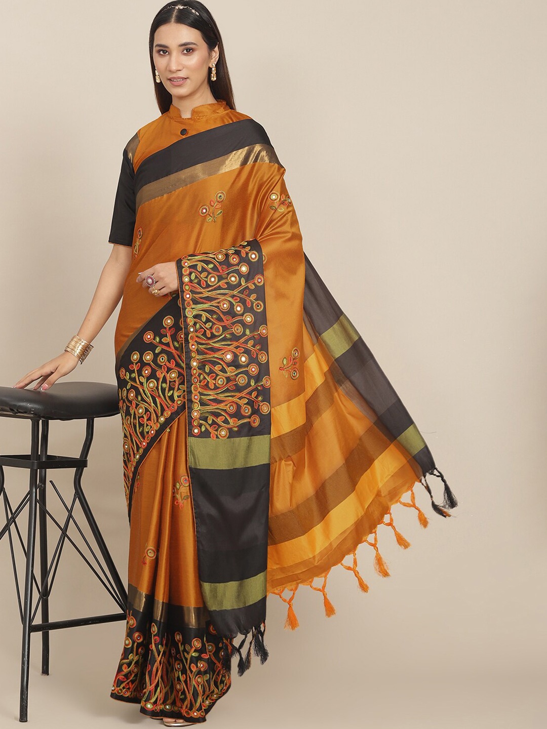 

KALINI Ethnic Embroidered Silk Cotton Saree, Yellow