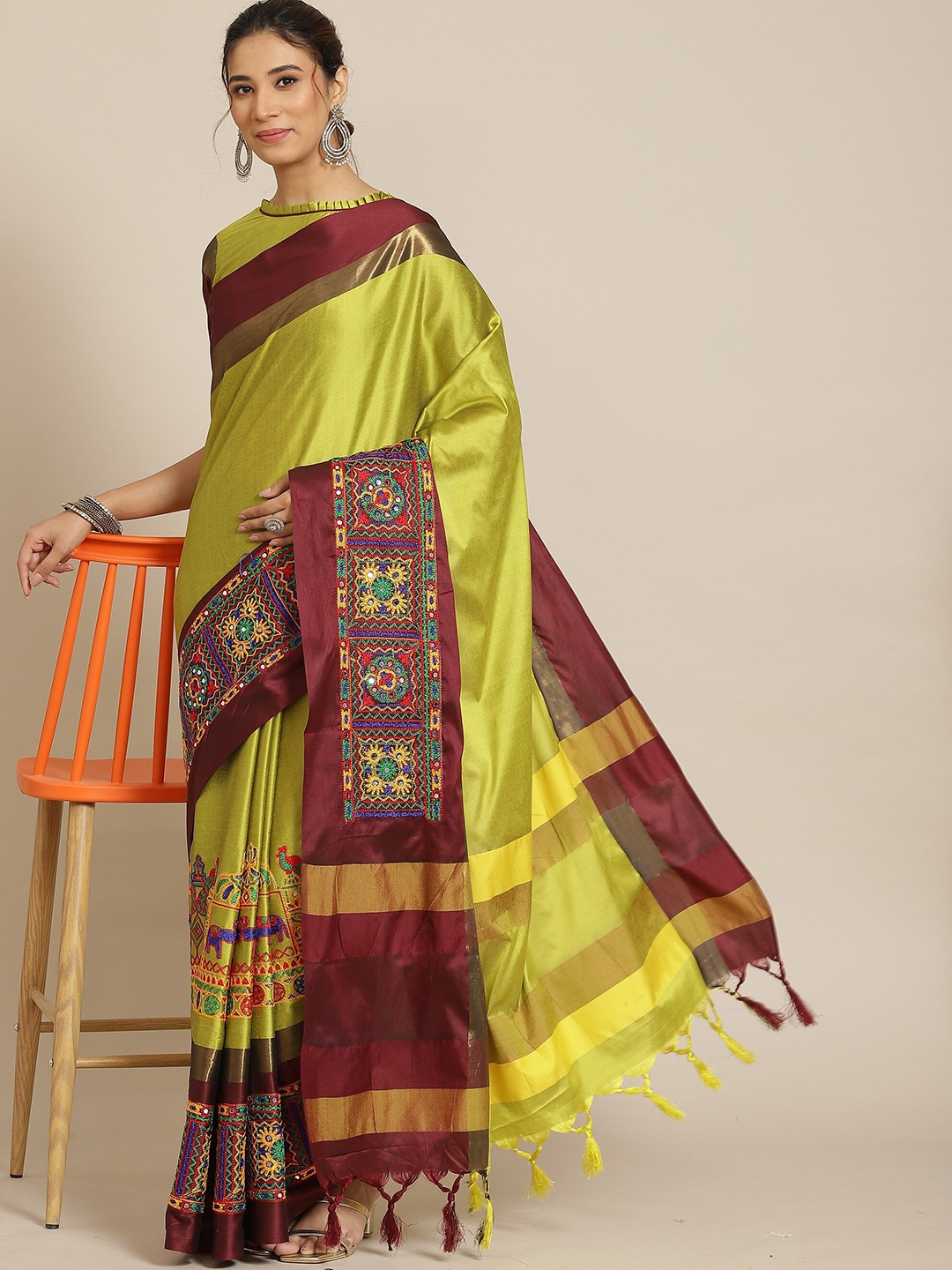 

KALINI Kutchi Embroidered Silk Cotton Saree, Green