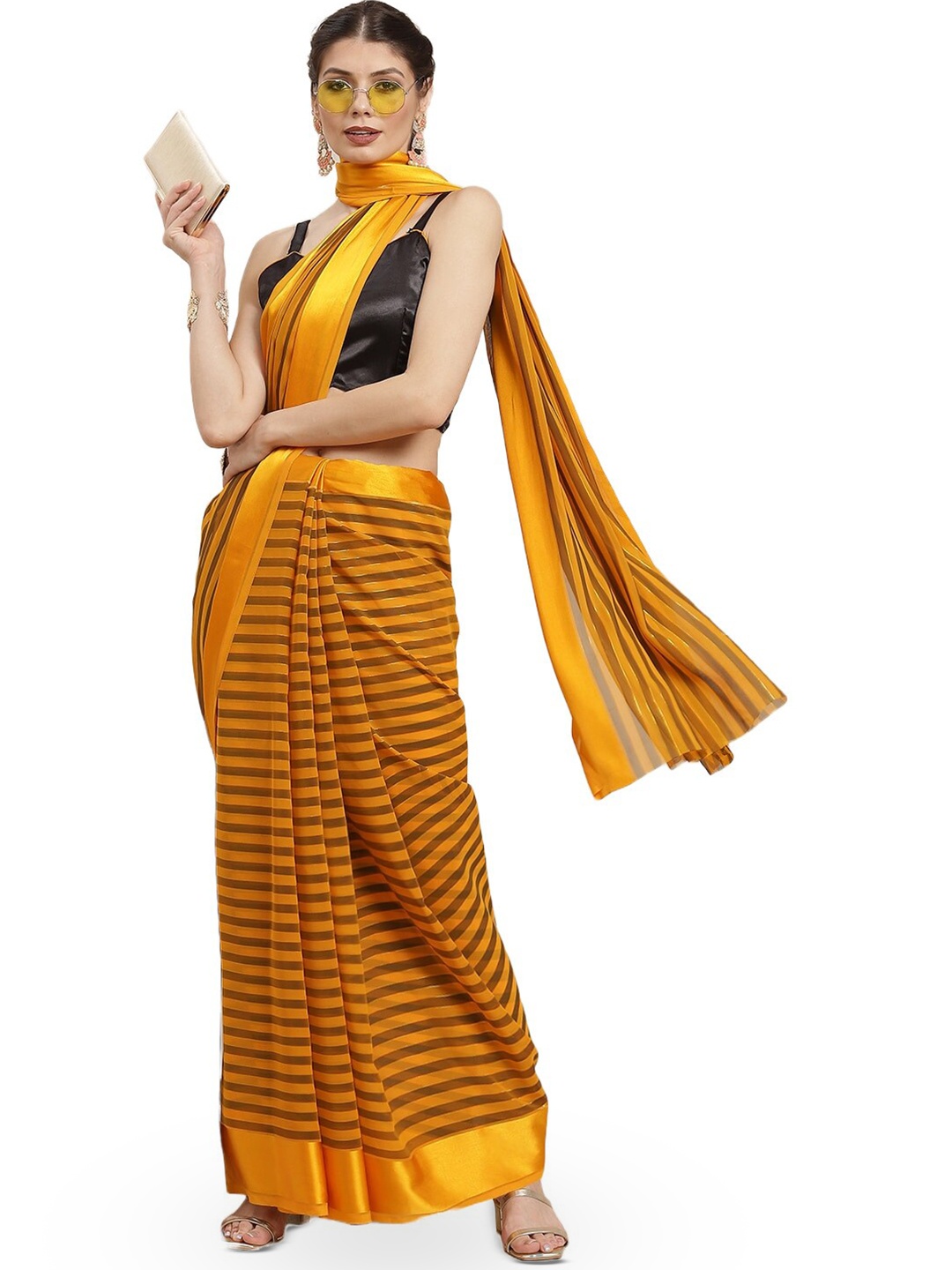 

KALINI Striped Silk Blend Saree, Yellow