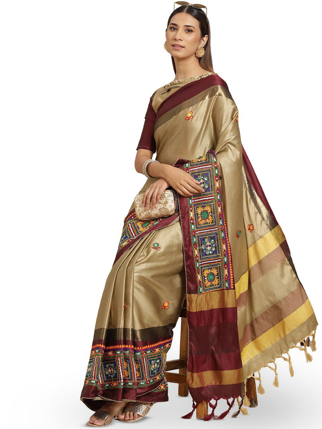 

KALINI Ethnic Motifs Embroidered Mirror Work Silk Cotton Saree, Khaki