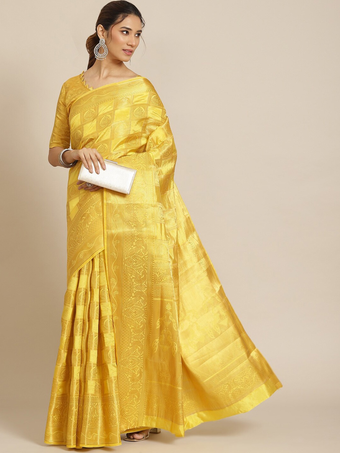 

KALINI Woven Design Zari Silk Cotton Banarasi Saree, Yellow