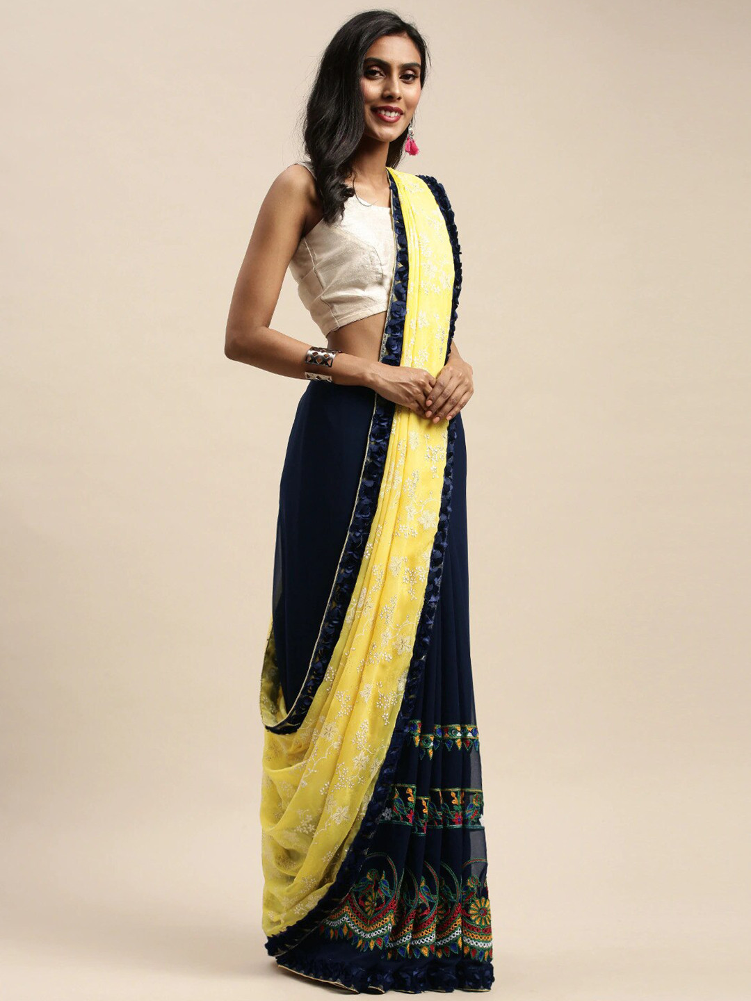 

KALINI Floral Printed Embroidered Pure Georgette Half & Half Saree, Yellow