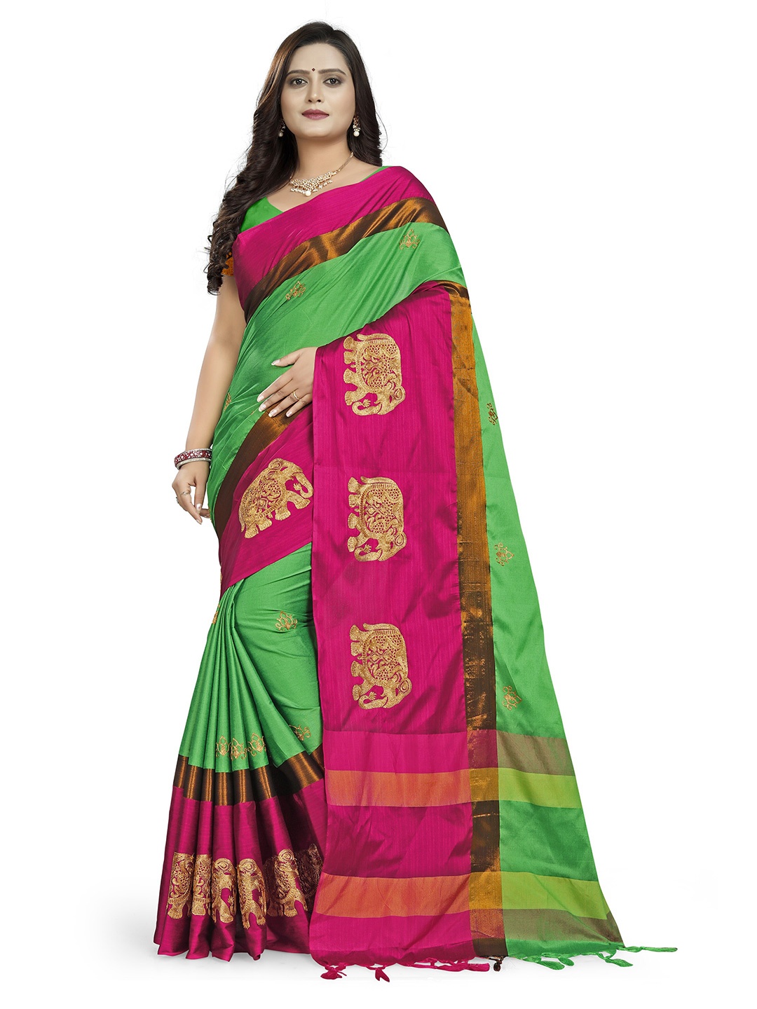 

KALINI Ethnic Embroidered Silk Cotton Saree, Green