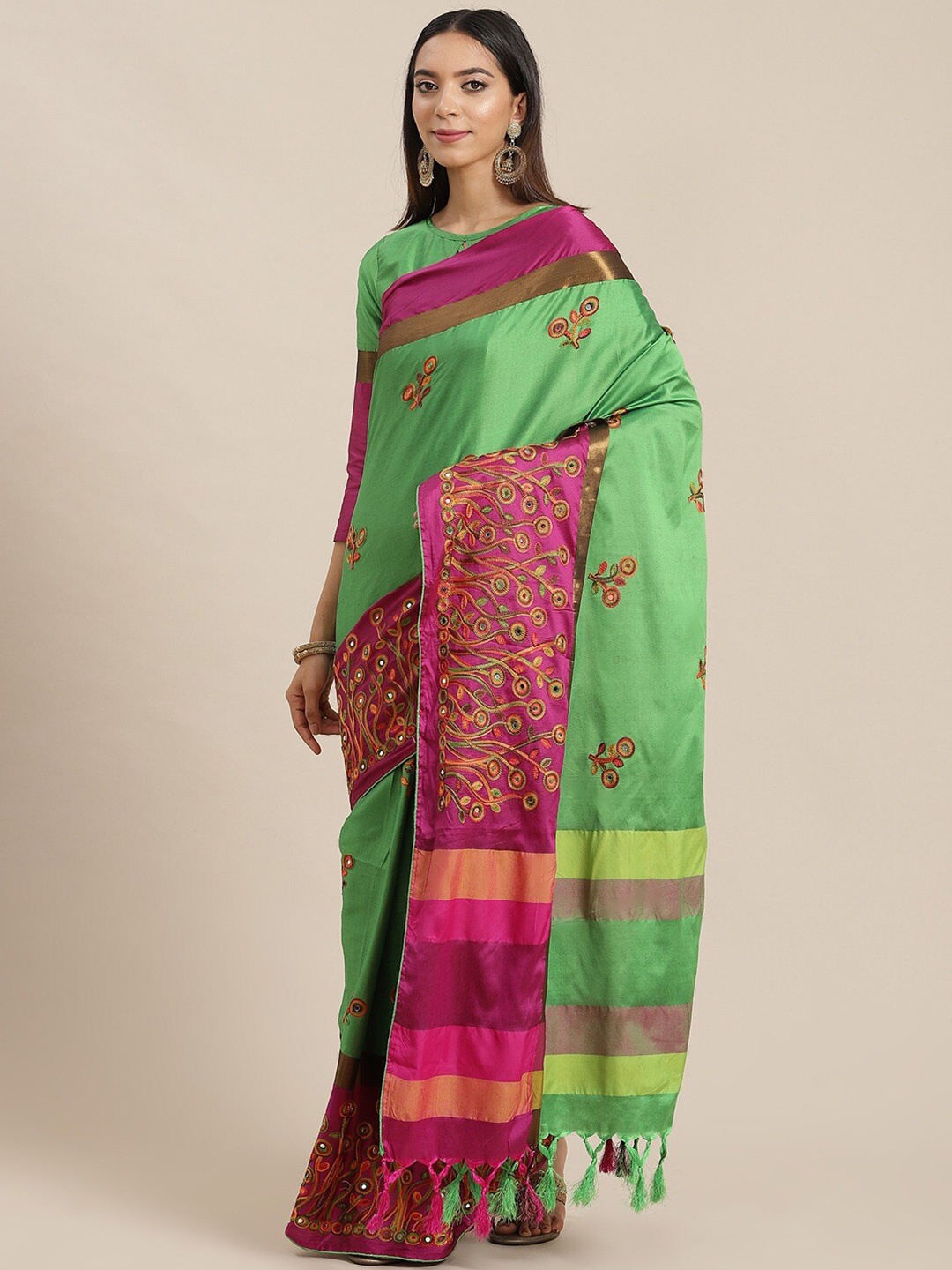 

KALINI Floral Embroidered Sequin Silk Cotton Saree, Green