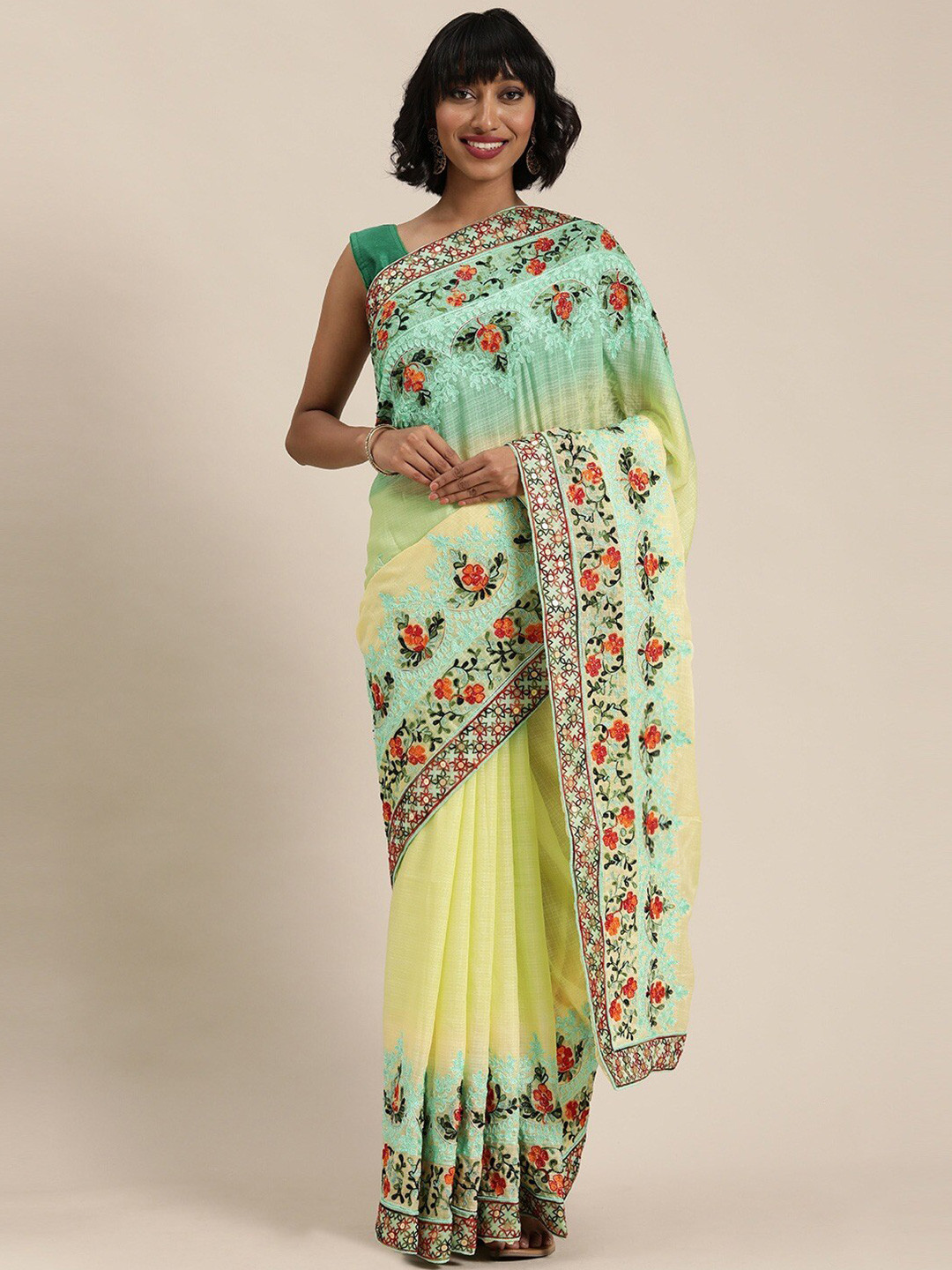 

KALINI Ethnic Motifs Embroidered Pure Chiffon Saree, Green