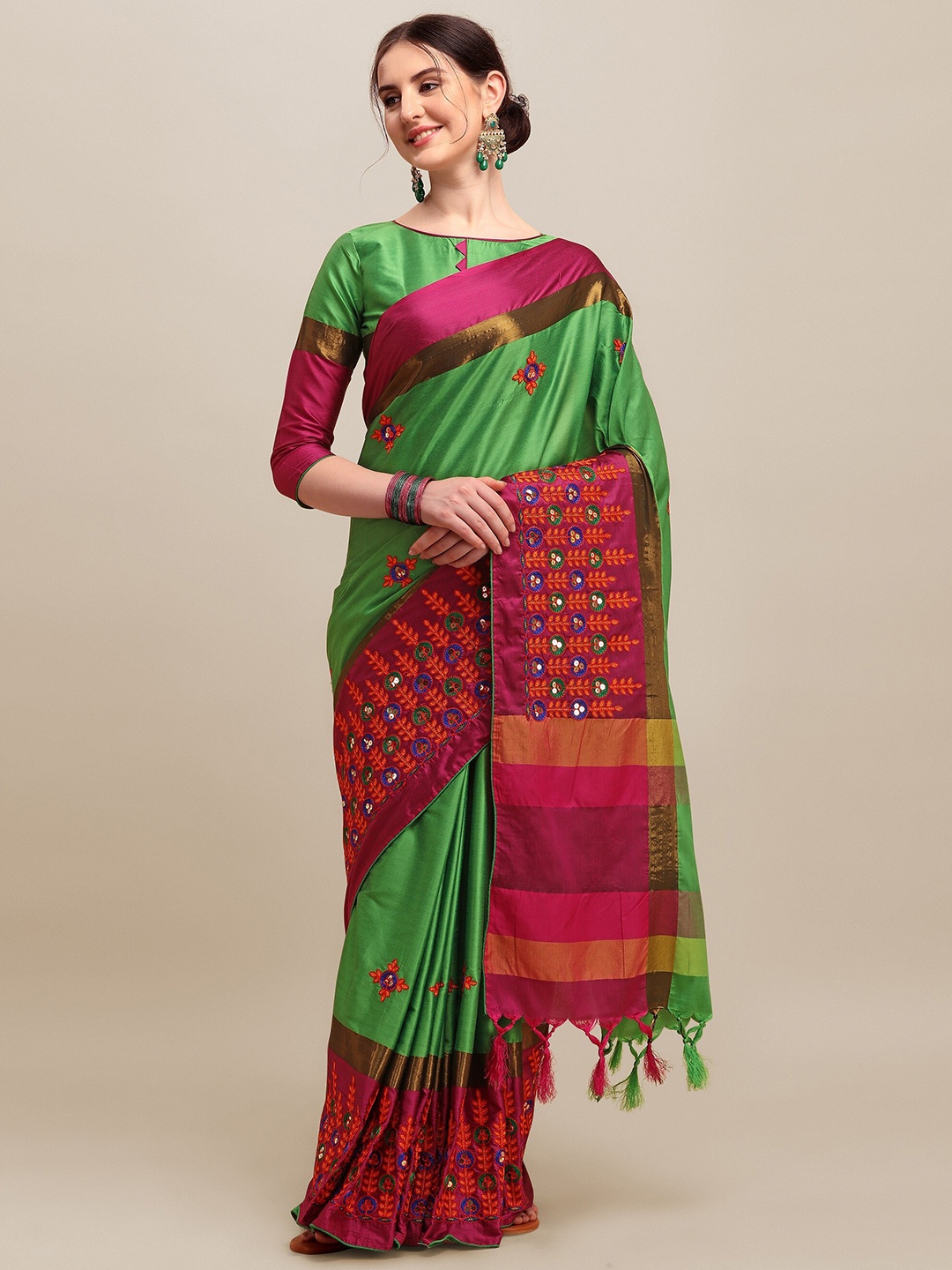 

KALINI Floral Embroidered Silk Cotton Saree, Green