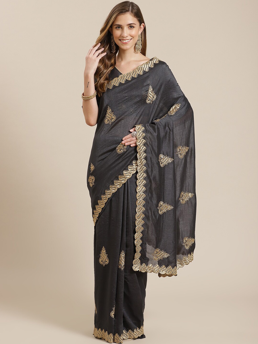 KALINI Ethnic Motifs Embroidered Saree, Black