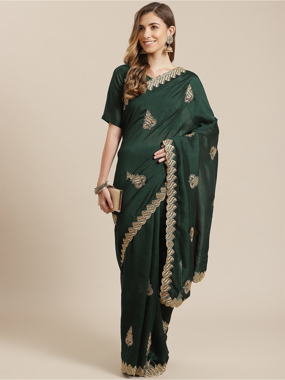 

KALINI Ethnic Motifs Embroidered Saree, Green