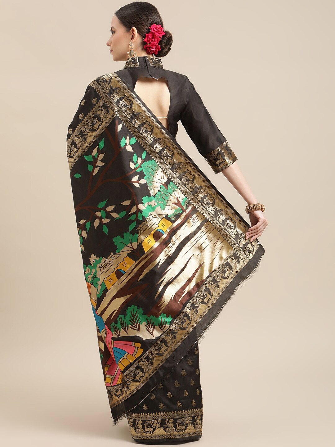 

KALINI Floral Woven Design Zari Saree, Black