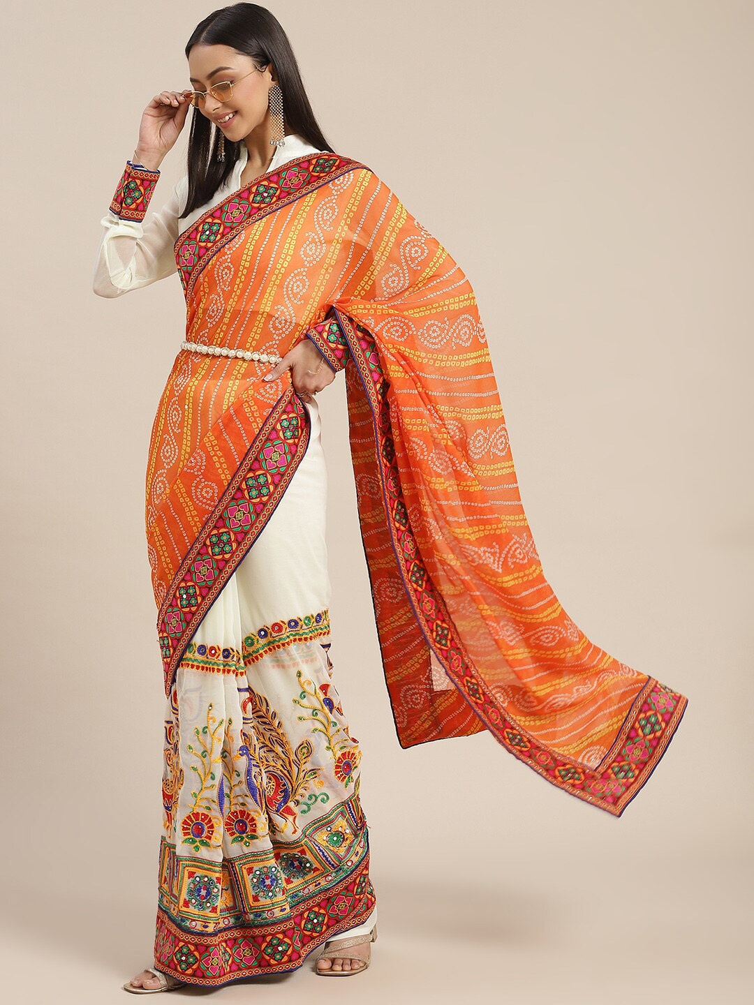 

KALINI Bandhani Printed Embroidered Saree, Orange