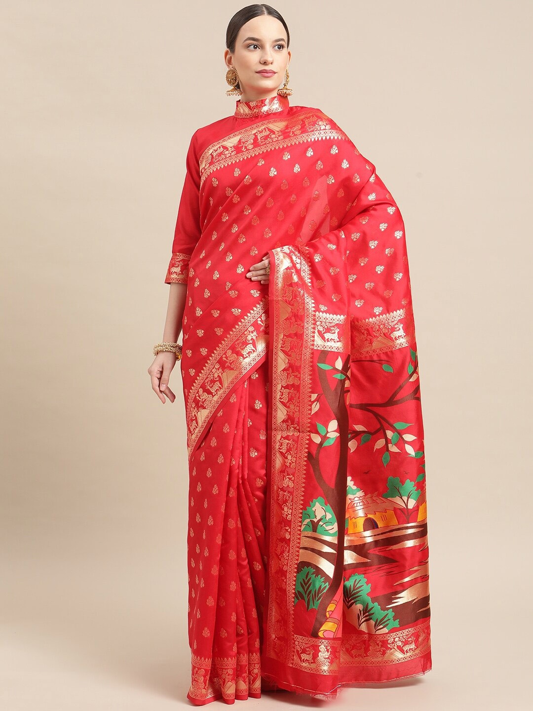 

KALINI Floral Woven Design Zari Saree, Red