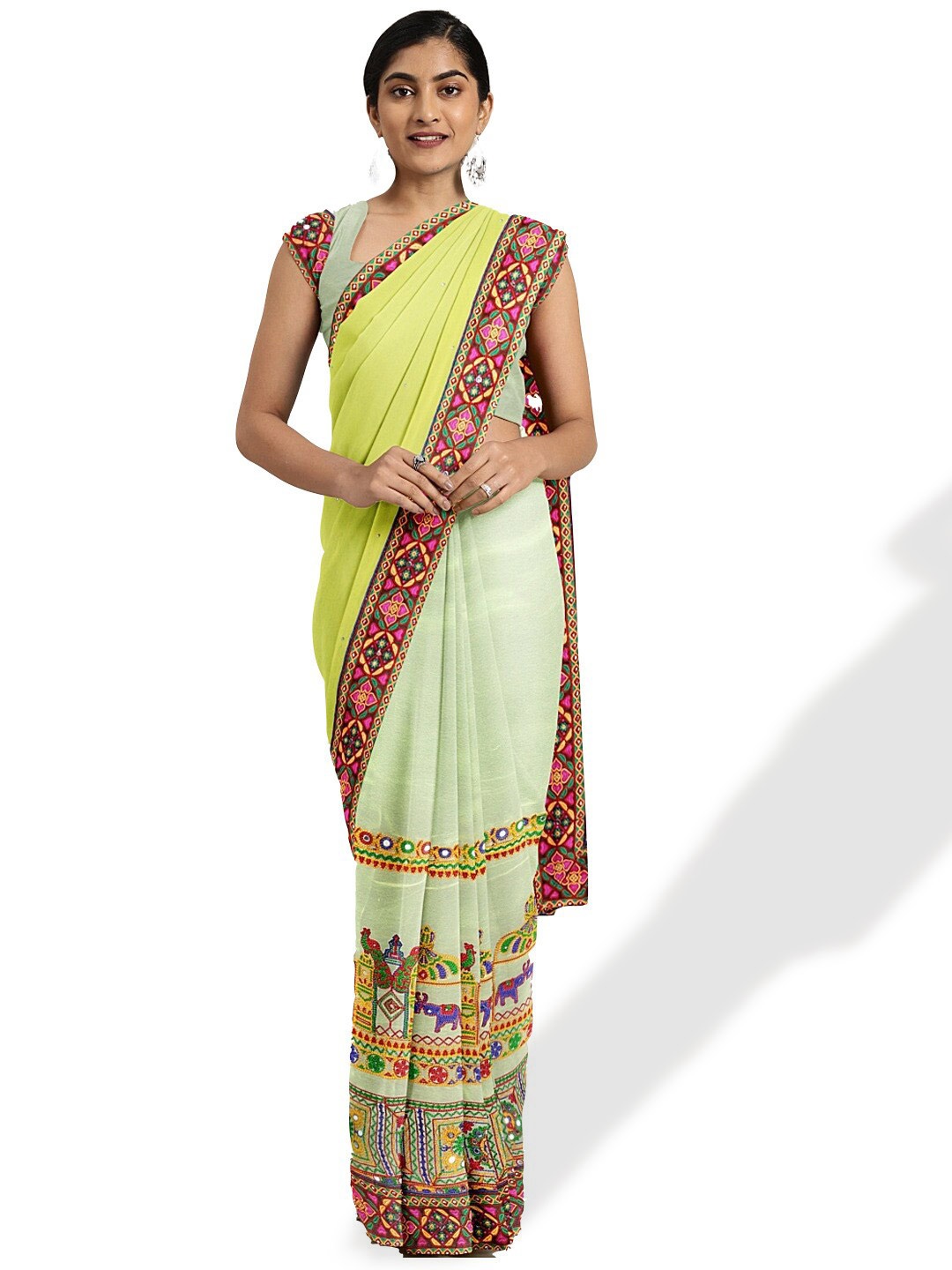 

KALINI Ethnic Motif Embroidered Pure Georgette Half and Half Saree, Yellow
