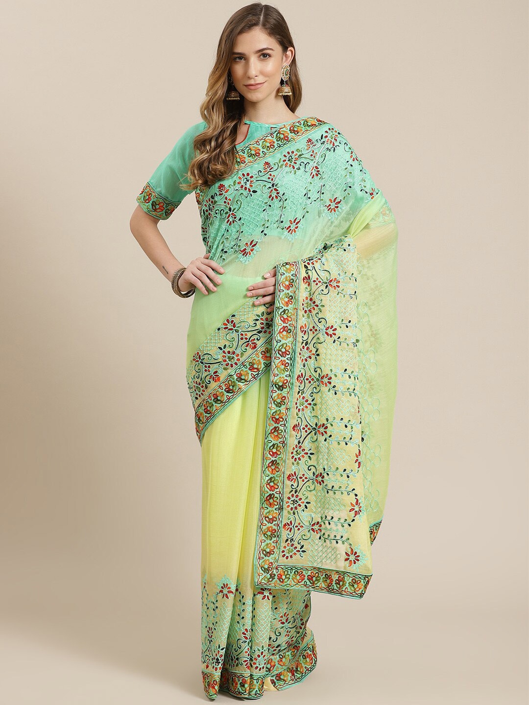 

KALINI Floral Embroidered Saree, Yellow