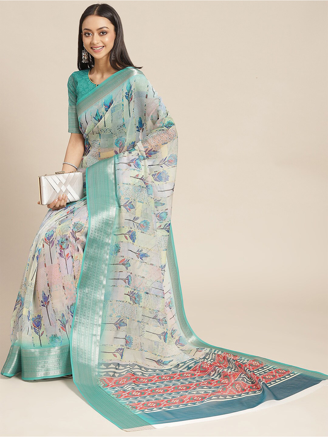 

KALINI Floral printed Zari Organza Saree, Cream