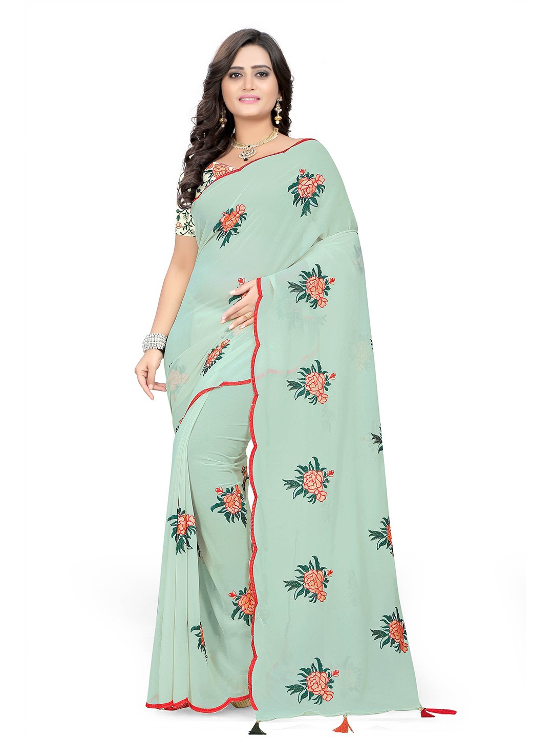 

KALINI Floral Embroidered Pure Georgette Saree, Green