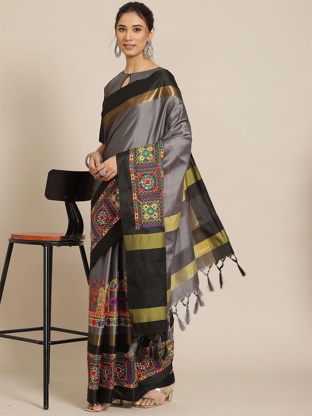 

KALINI Ethnic Embroidered Silk Cotton Saree, Grey