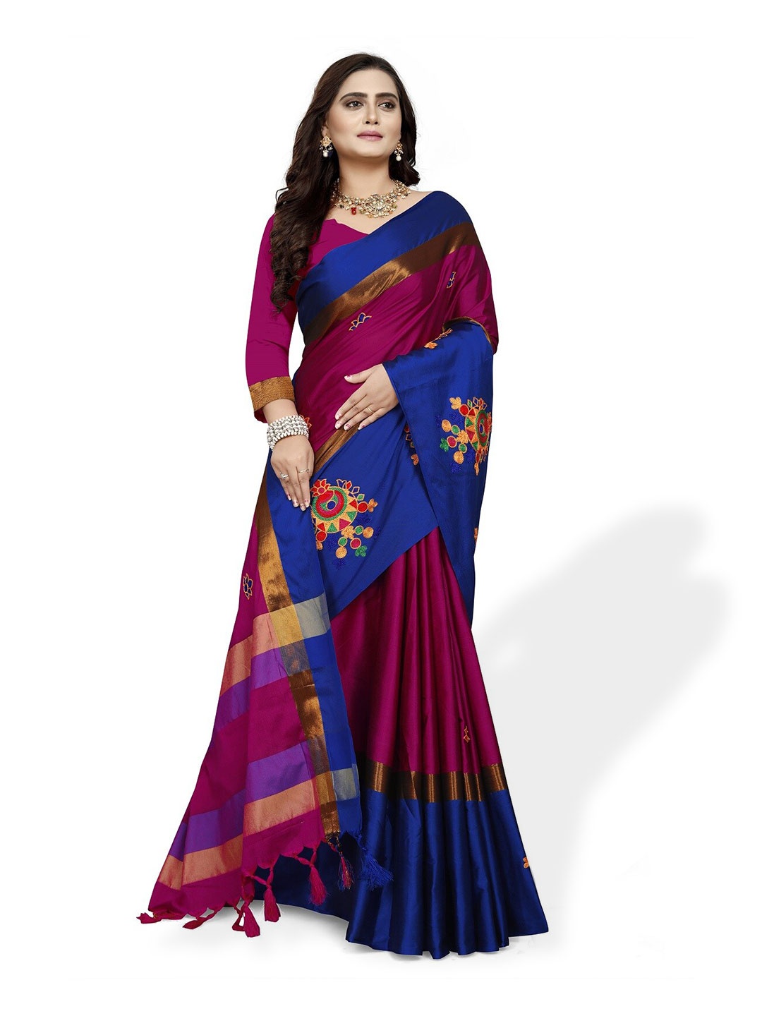 

KALINI Ethnic Motifs Kutchi Embroidered Silk Cotton Saree, Pink