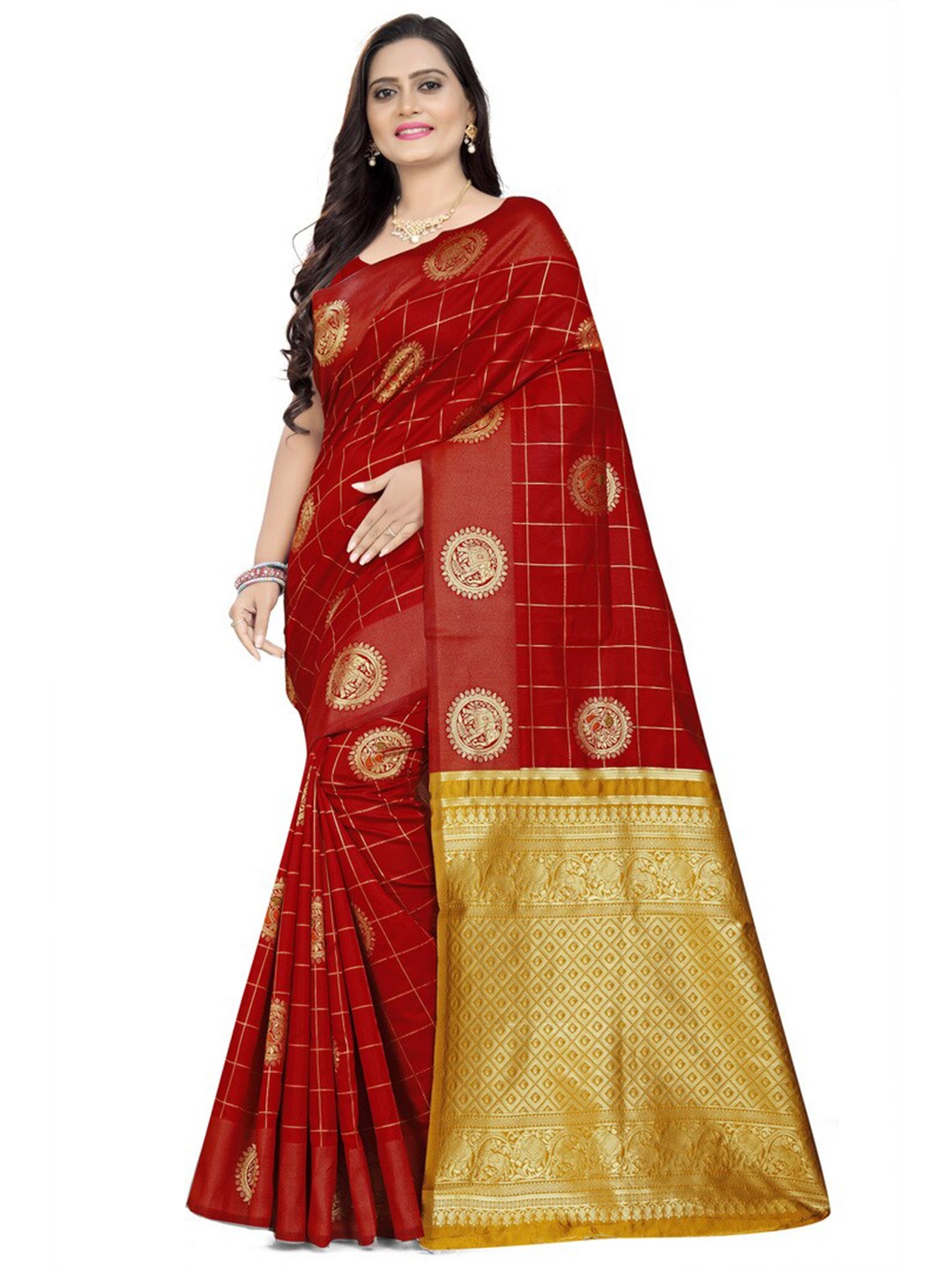 

KALINI Checked Zari Silk Cotton Saree, Red