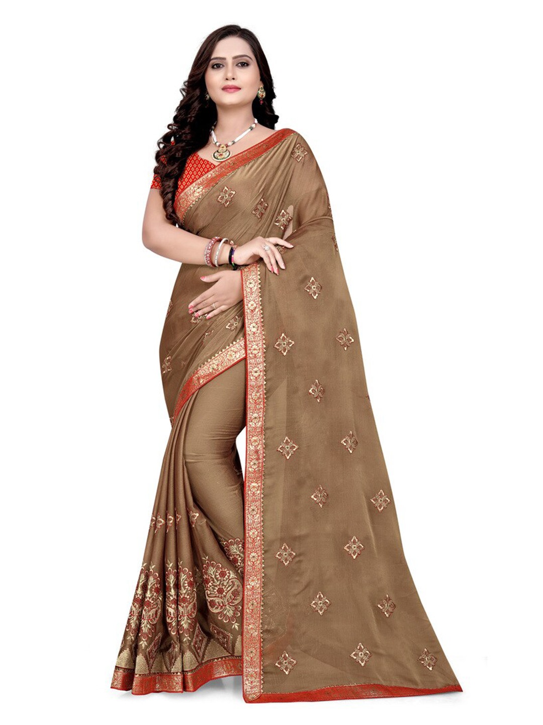 

KALINI Ethnic Motifs Embroidered Zari Pure Chiffon Saree, Brown