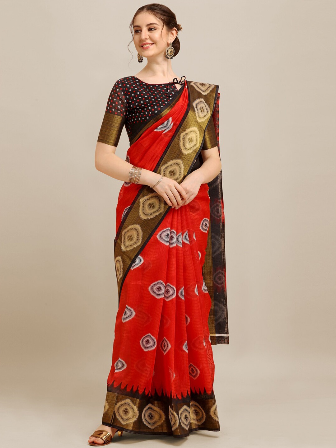 

KALINI Geometric Prism Printed Zari Saree, Red