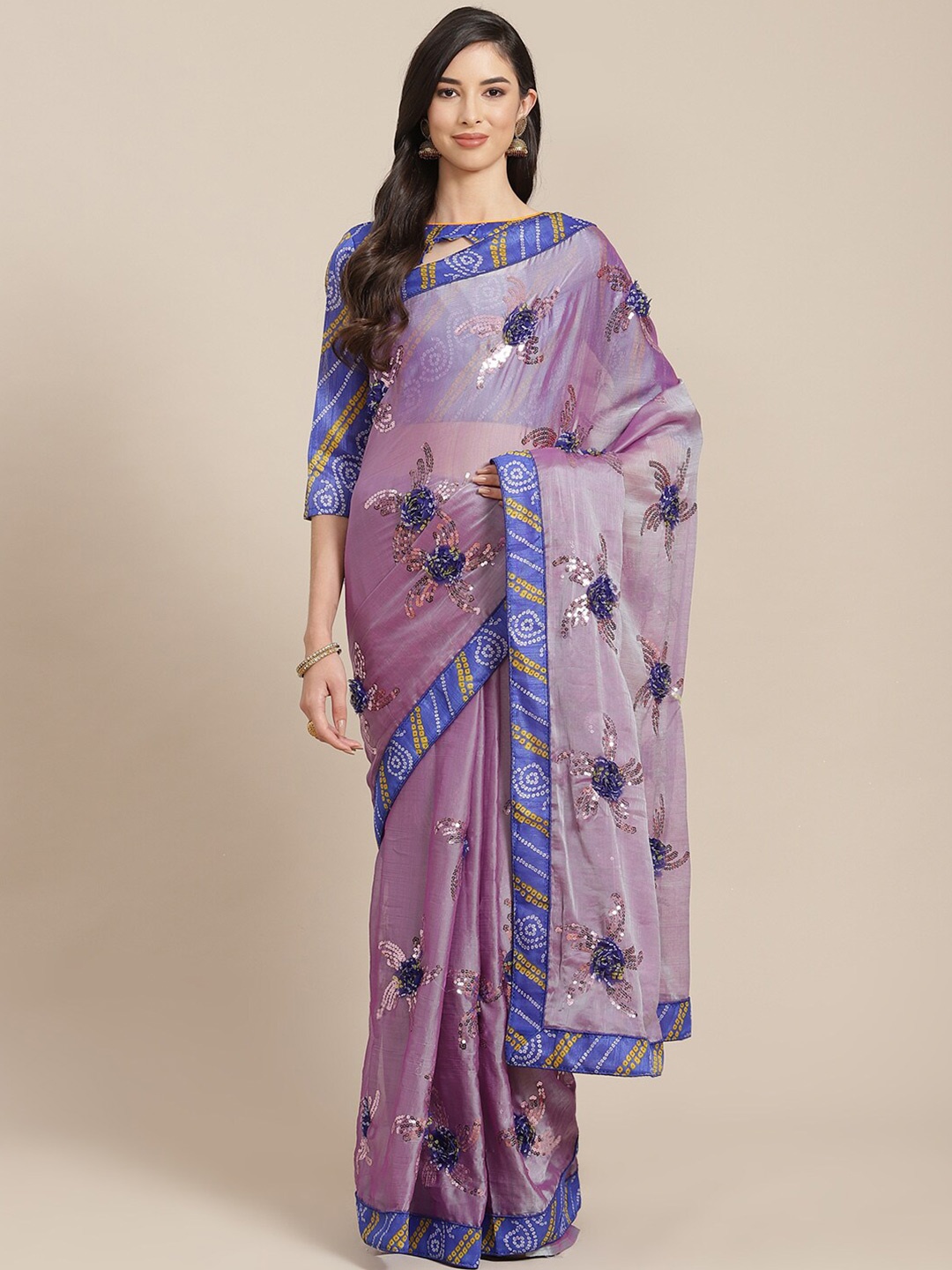 

KALINI Floral Embellished Sequinned Pure Chiffon Saree, Blue