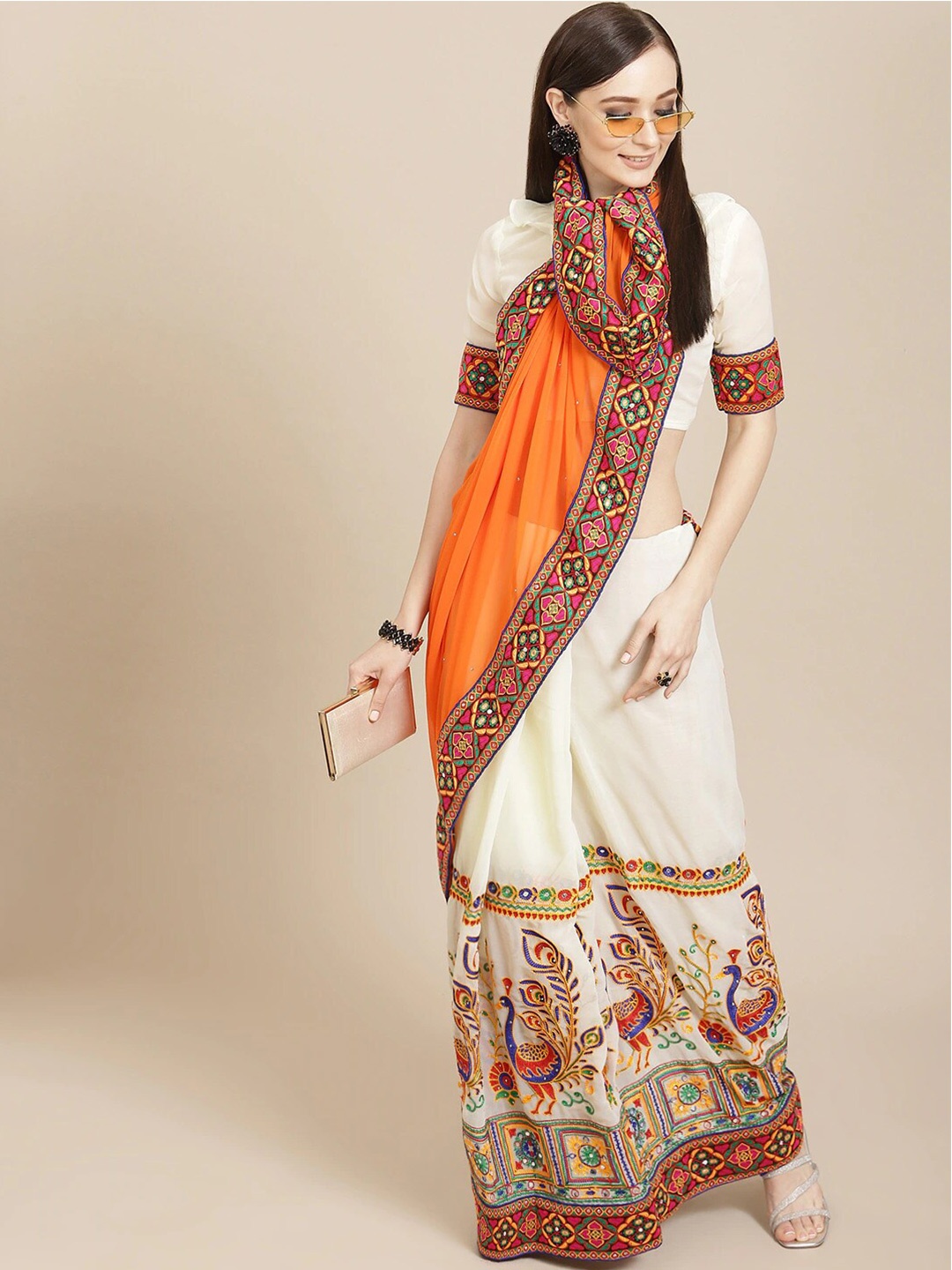 

KALINI Ethnic Motifs Embroidered Pure Georgette Half and Half Saree, Orange