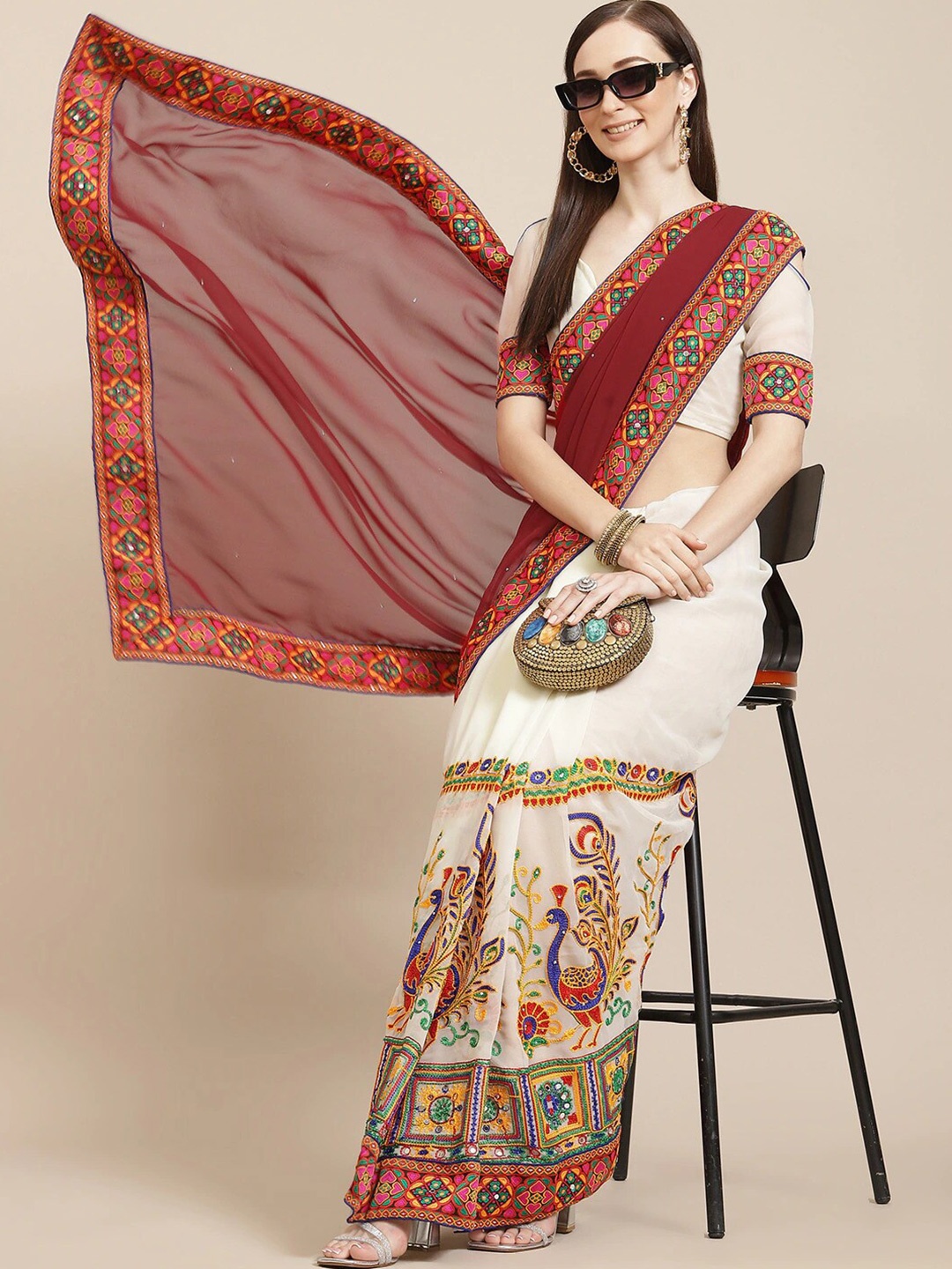 

KALINI Ethnic Motifs Embroidered Sequined Pure Georgette Half and Half Saree, Maroon