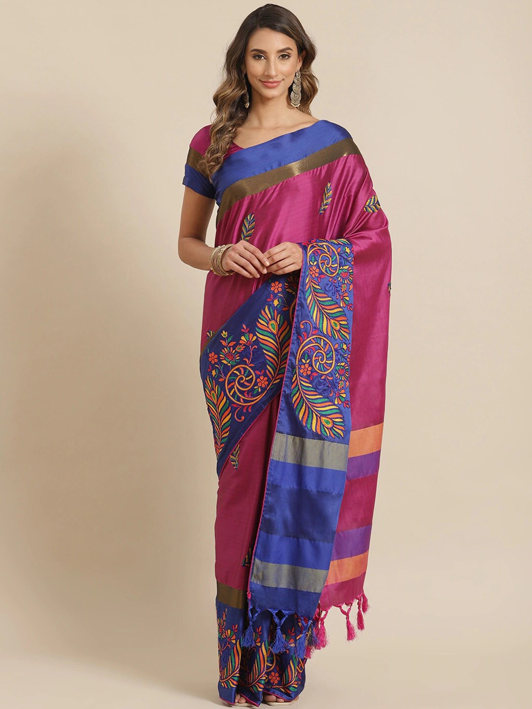 

KALINI Floral Embroidered Silk Cotton Saree, Purple