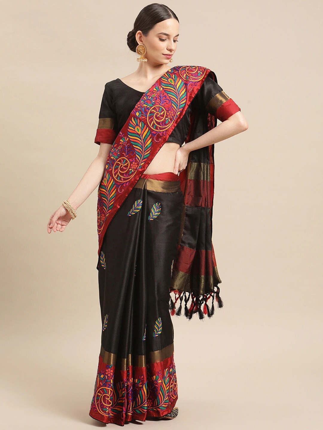 

KALINI Ethnic Motifs Embroidered Silk Cotton Saree, Black