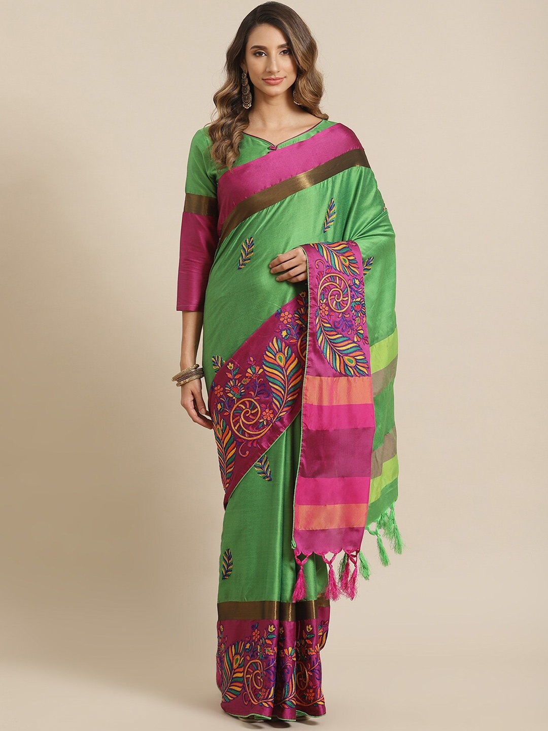 

KALINI Ethnic Motifs Embroidered Silk Cotton Saree, Green