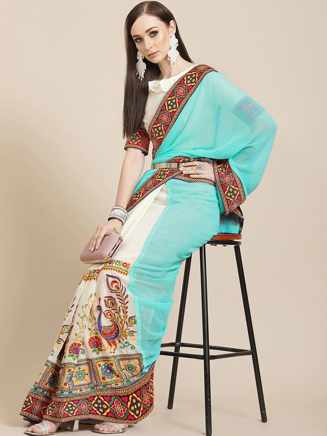 

KALINI Ethnic Motif Embroidered Pure Georgette Saree, Blue