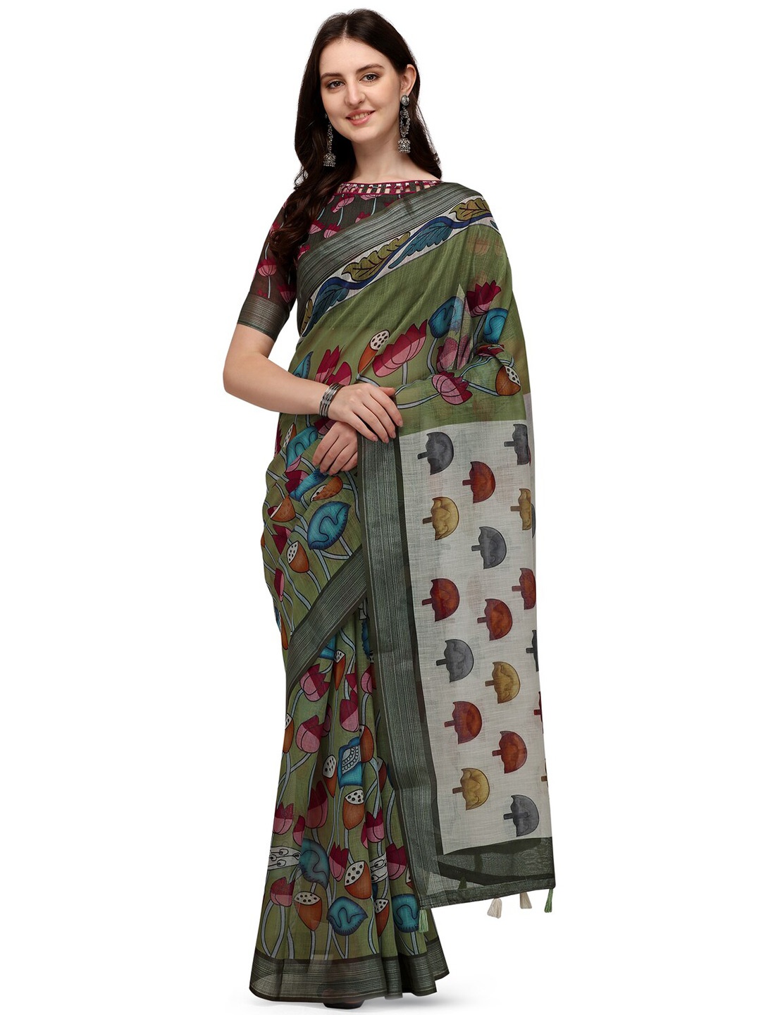 

KALINI Floral Printed Zari Jacquard Saree, Green