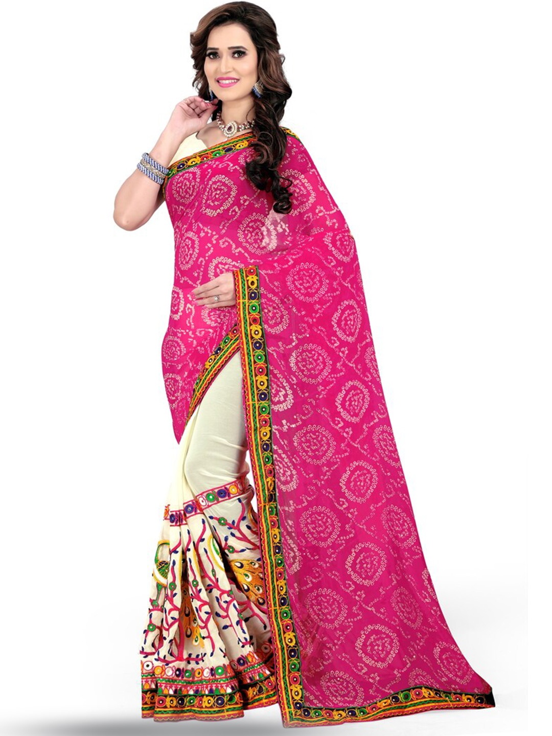 

KALINI Bandhani Embroidered Georgette Half and Half Saree, Pink