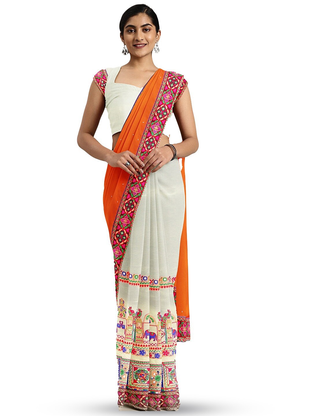 

KALINI Ethnic Motif Embroidered Half And Half Saree, Off white