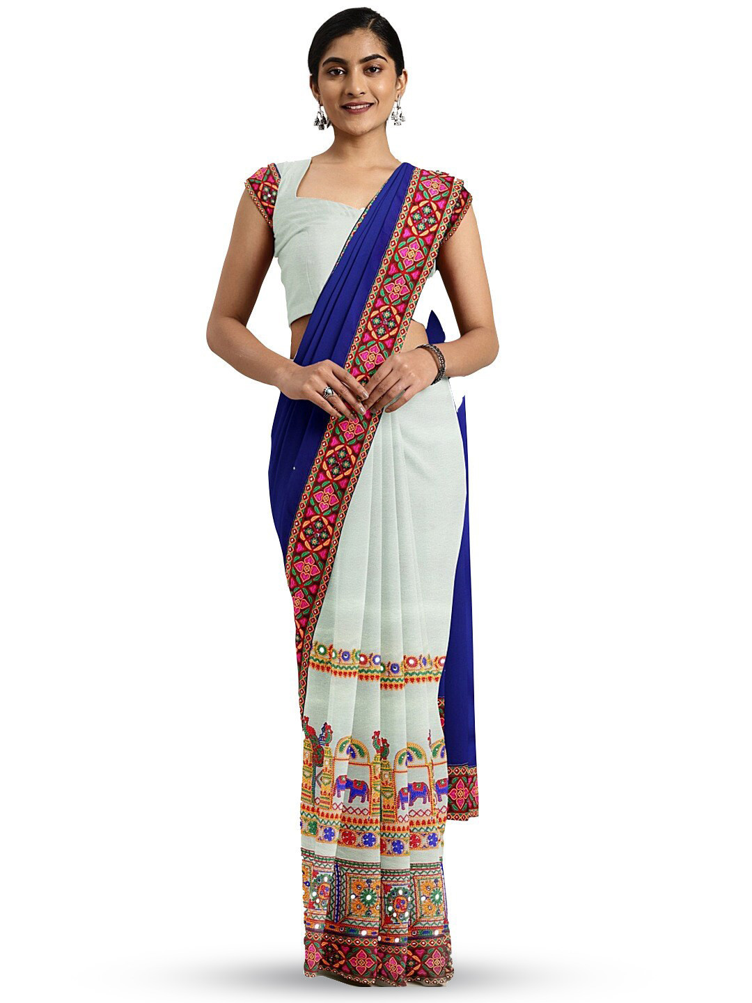 

KALINI Embroidered Georgette Half and Half Saree, Blue