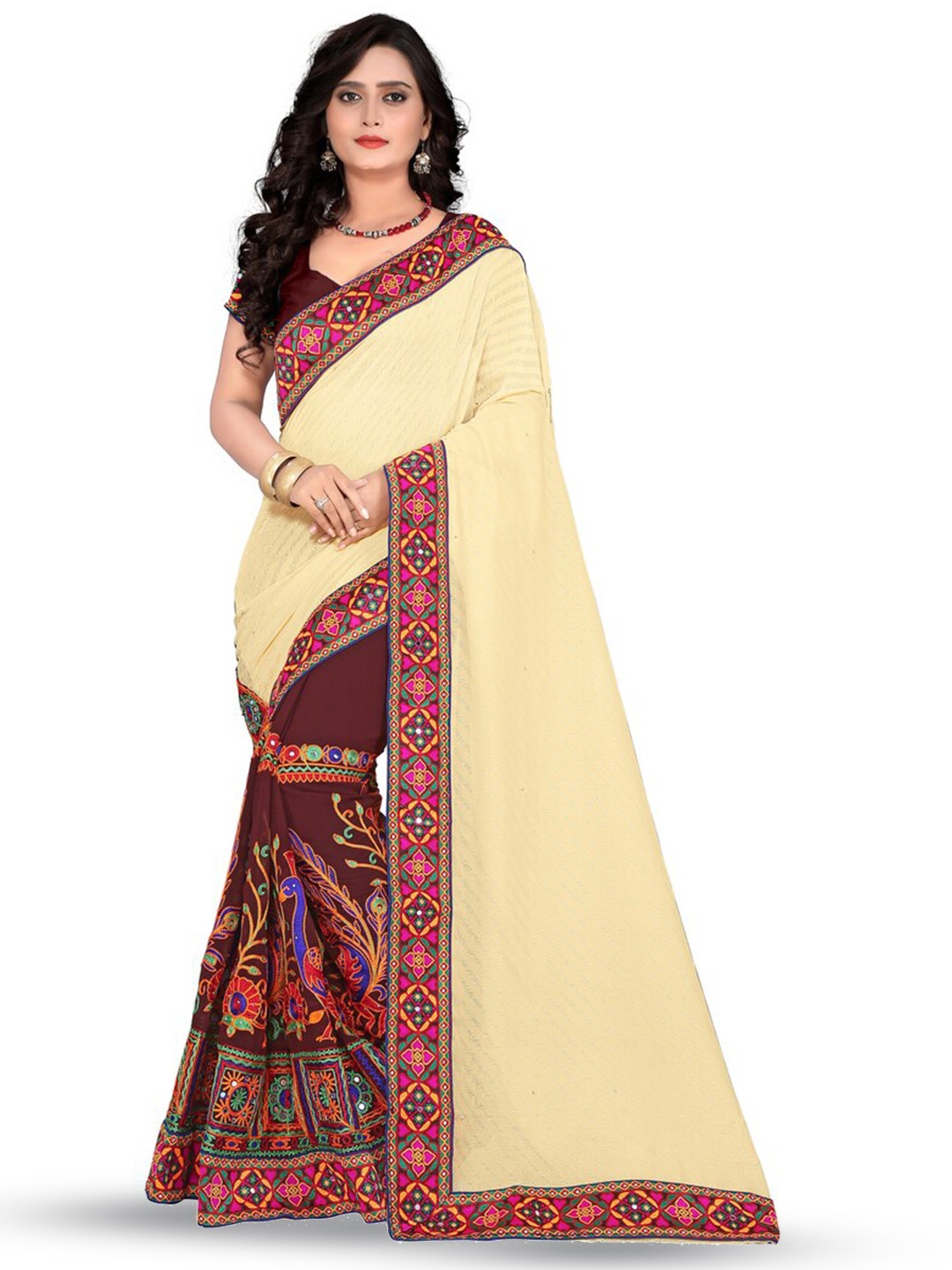 

KALINI Ethnic Motifs Embroidered Pure Georgette Half and Half Saree, Cream