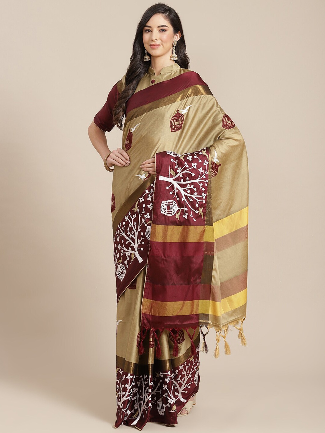 

KALINI Ethnic Motifs Embroidered Silk Cotton Saree, Cream
