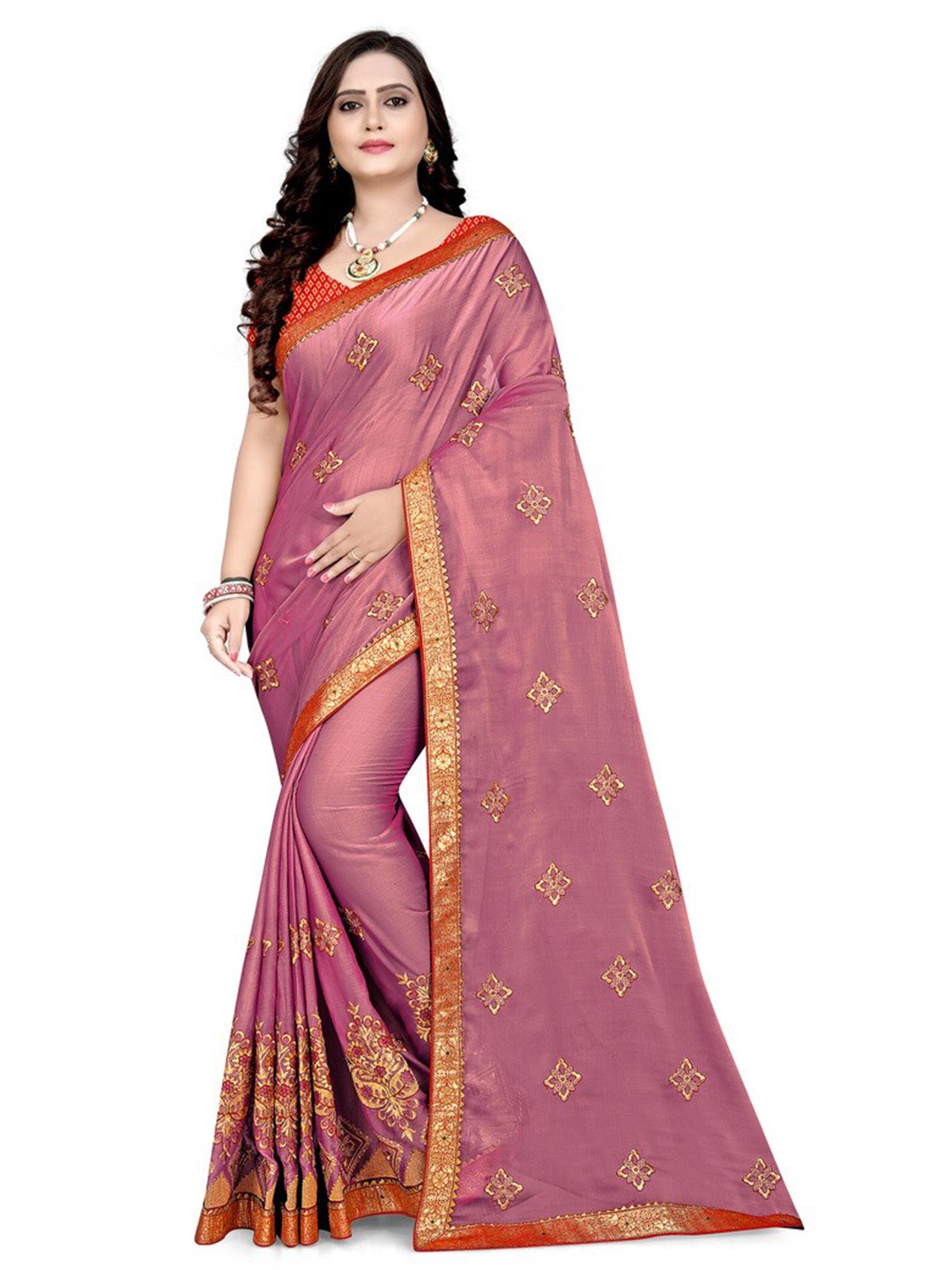 

KALINI Ethnic Motifs Embroidered Zari Pure Chiffon Saree, Pink