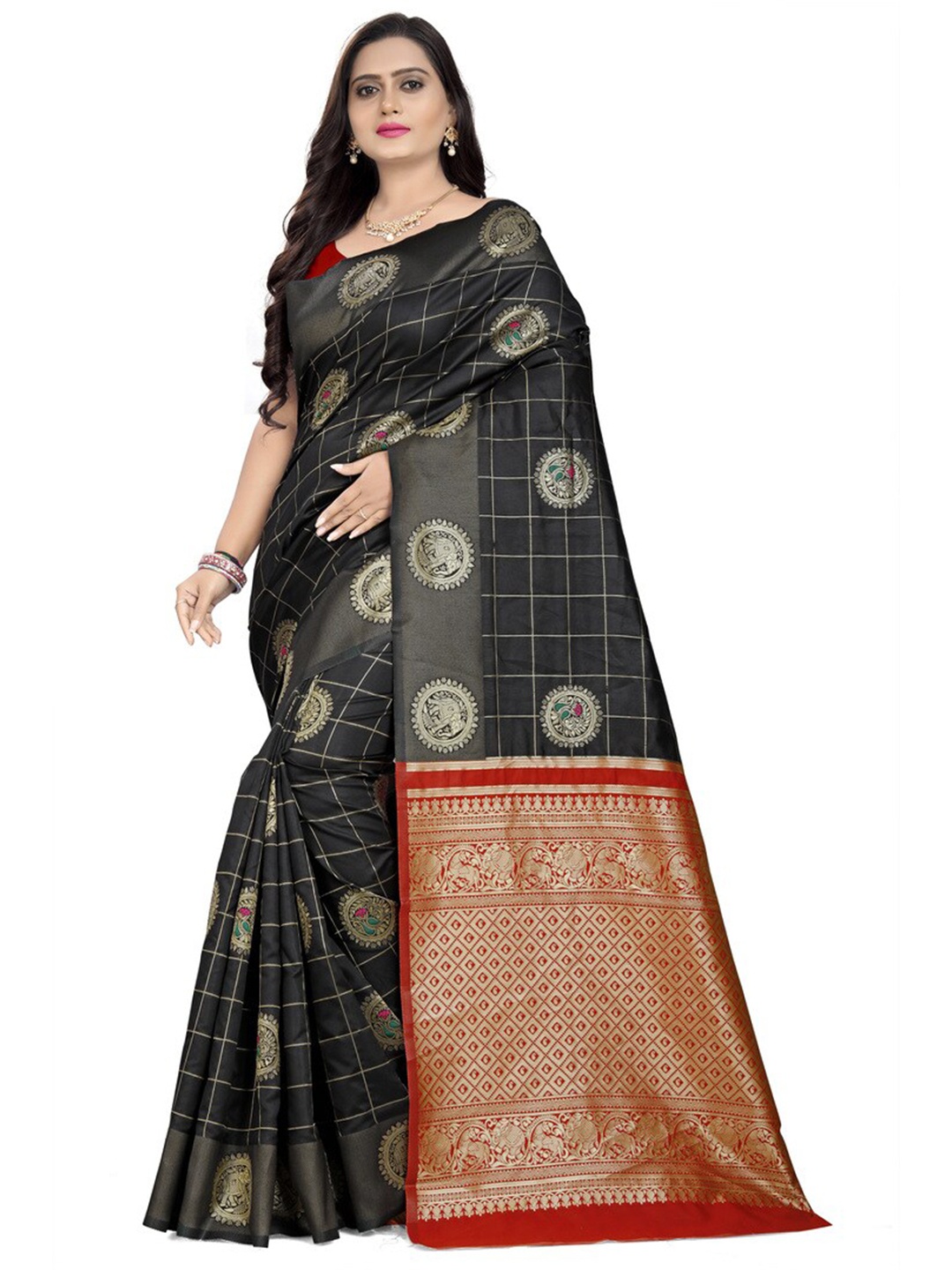 

KALINI Checked Zari Silk Cotton Saree, Black