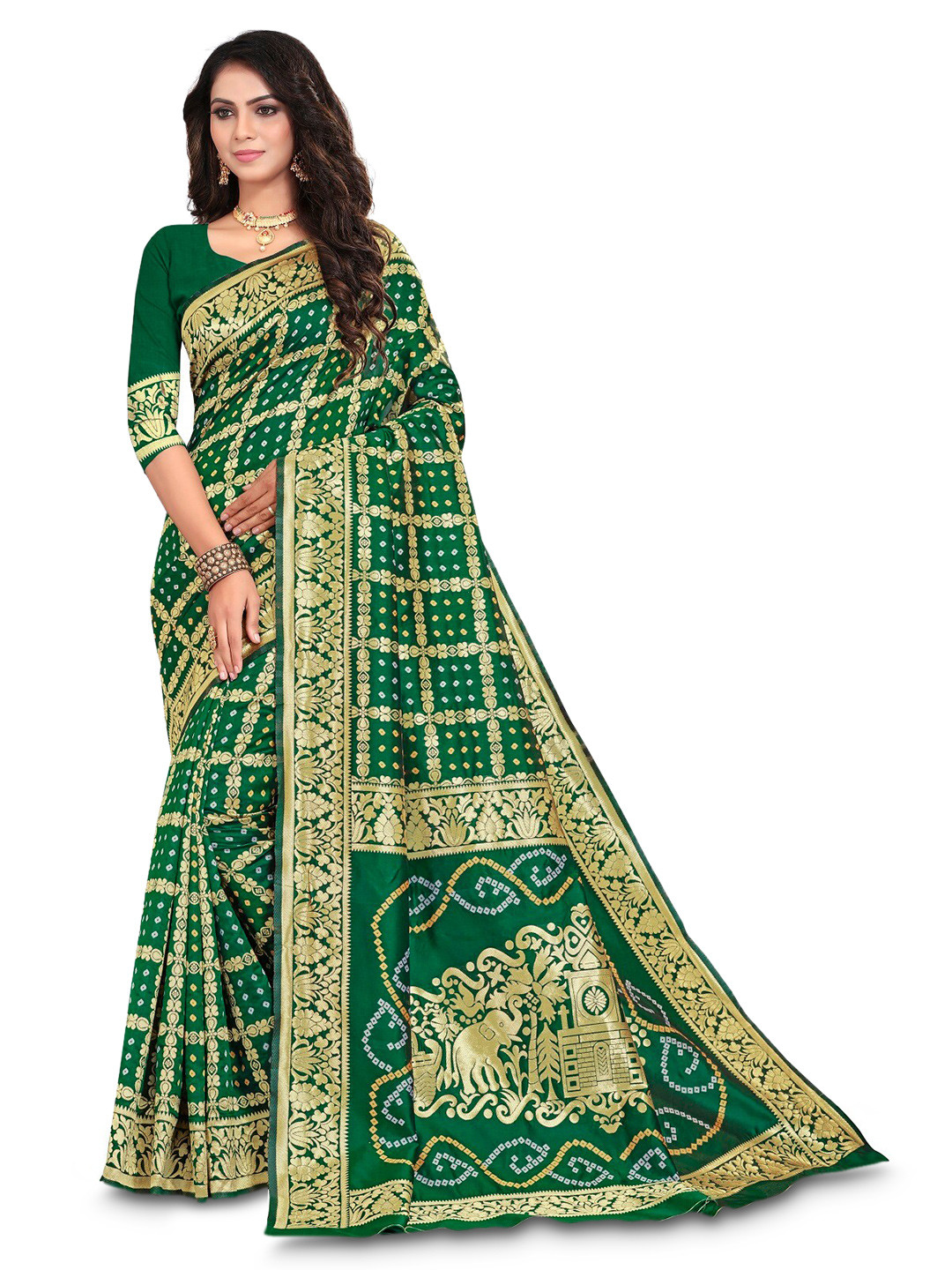 

KALINI Ethnic Motif Woven Design Zari Silk Cotton Saree, Green