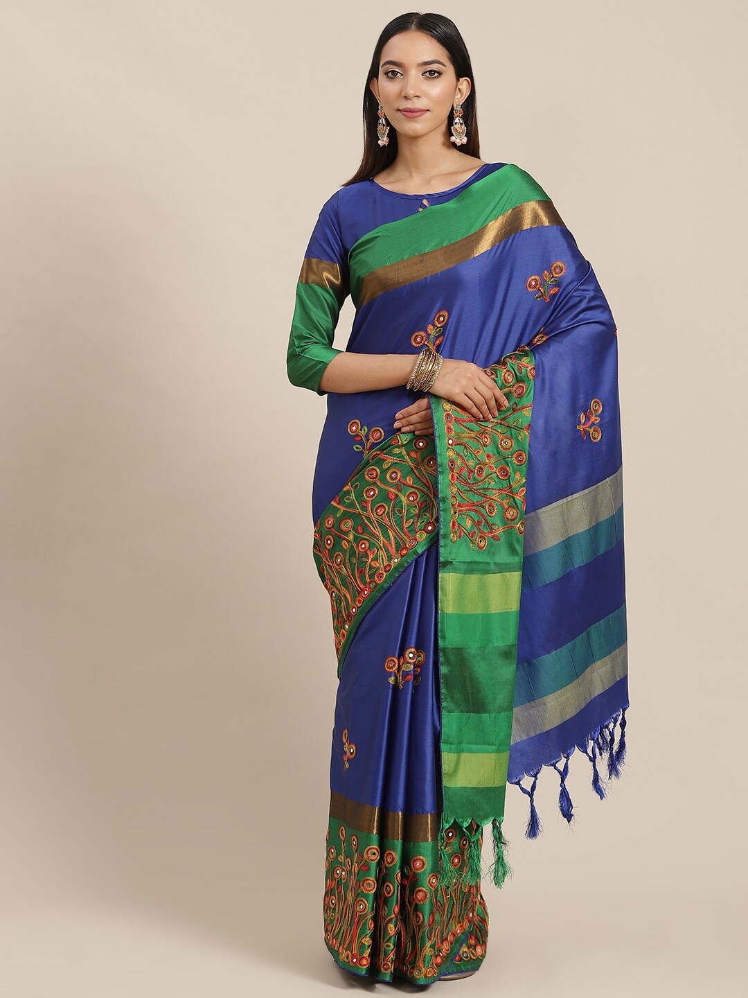 

KALINI Floral Embroidered Silk Cotton Saree, Navy blue