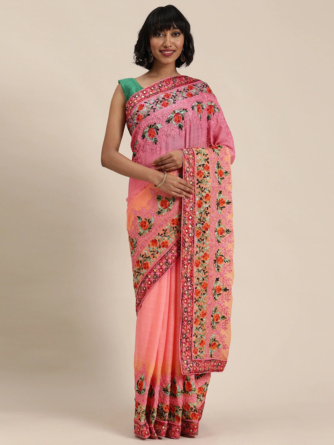 

KALINI Floral Embroidered Pure Chiffon Saree, Pink