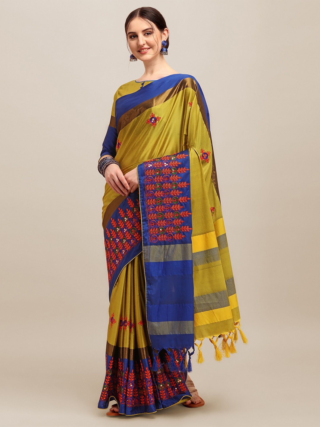 

KALINI Floral Embroidered Silk Cotton Saree, Yellow