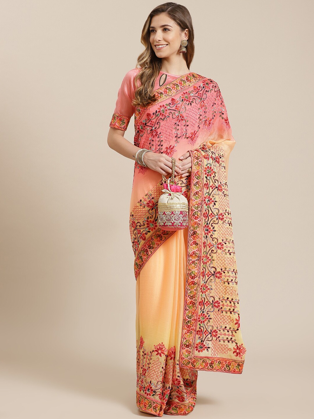 

KALINI Floral Embroidered Pure Chiffon Saree, Peach