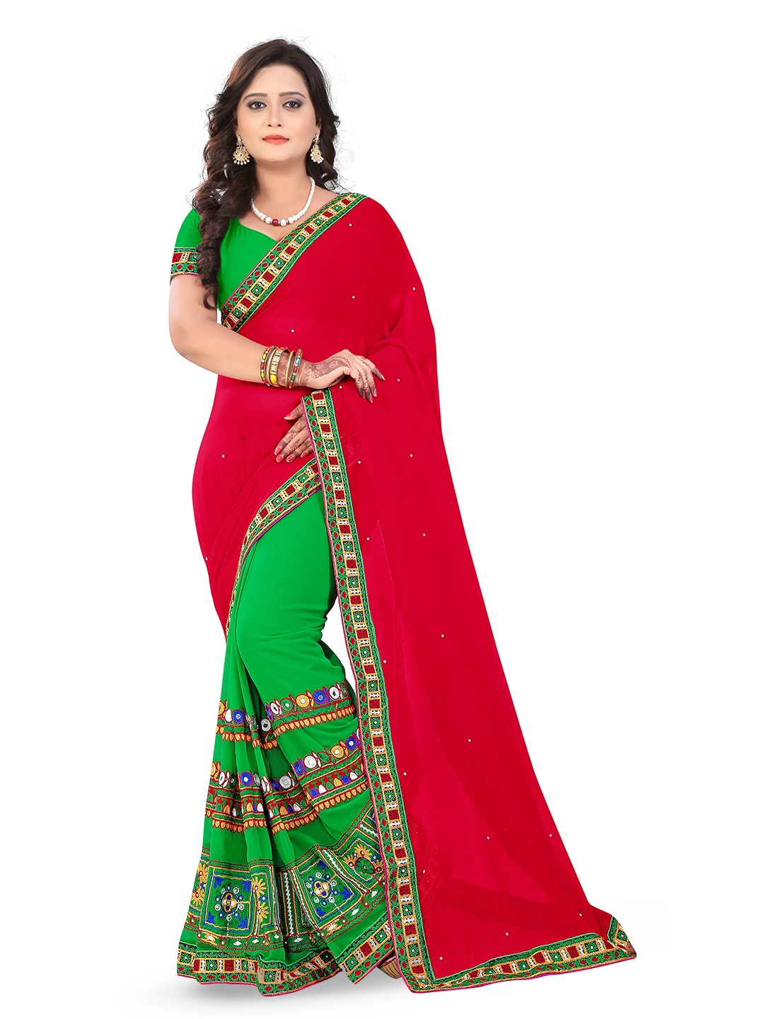 

KALINI Embroidered Pure Georgette Half and Half Saree, Red